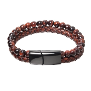 Pánsky náramok s kameňmi tigrie oko a koženkovým zapleteným pásikom 43022.3 hnedý 22cm