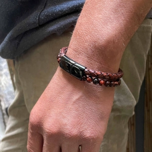 Pánsky náramok s kameňmi tigrie oko a koženkovým zapleteným pásikom 43022.3 hnedý 22cm