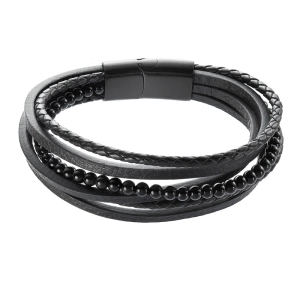Náramok pánsky recykl.koža a čierne korálky 43030.3 čierny