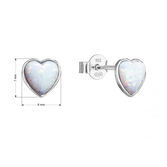 Strieborné náušnice kôstky so syntetickým opálom biele srdce 11337.1