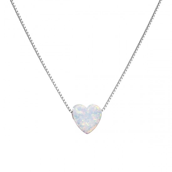 Strieborný náhrdelník so syntetickým opálom biele srdce 12048.1