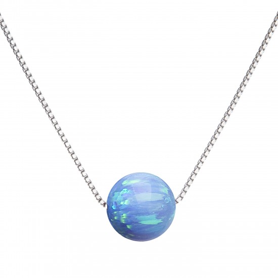 Strieborný náhrdelník so syntetickým opálom svetlo modrý okrúhly 12044.3 lt.blue