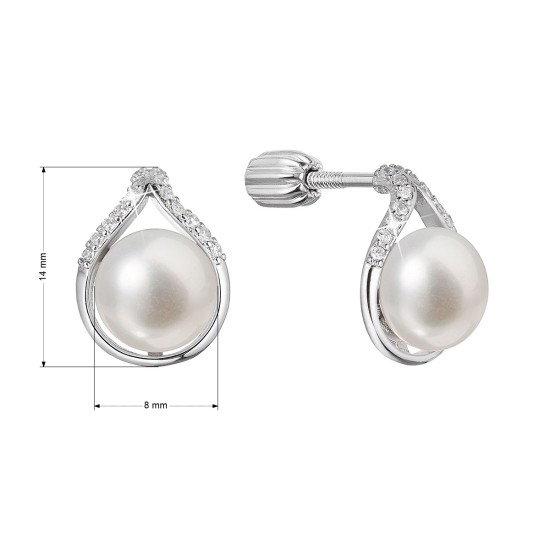 Strieborné náušnice kôstky slza s riečnou perlou a zirkónmi biele 21096.1B