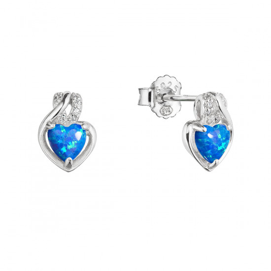 Strieborné náušnice srdca z modrého syntetického opálu a zirkónmi 11469.3 white