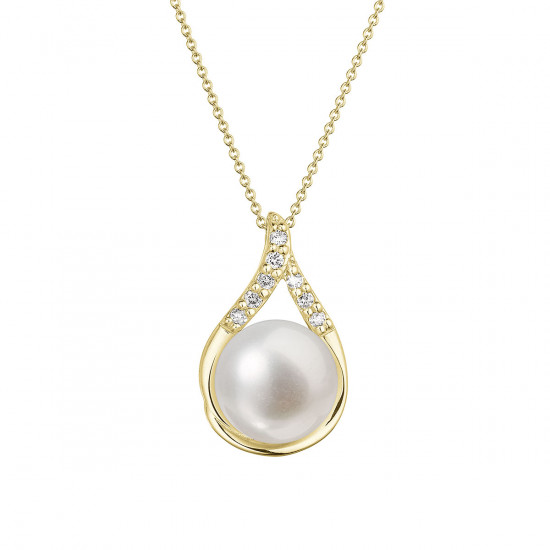 Zlatý 14 karátový náhrdelník slza s bielou riečnou perlou a briliantmi 92PB00032