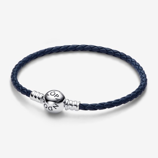 Modrý pletený kožený náramok s okrúhlou sponou, Pandora Moments